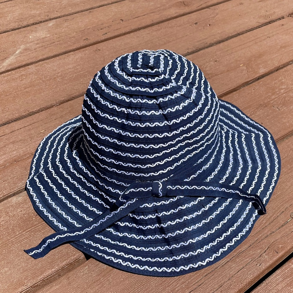 Navy Blue and White Packable Striped Sun Hat
